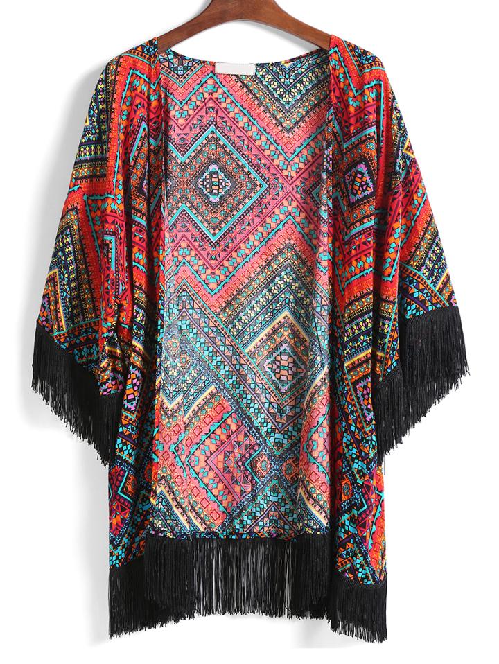 Romwe With Tassel Geometric Print Top