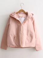 Romwe Pink Back Pocket Padded Coat With Cute Hooded