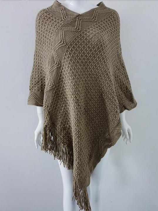 Romwe V Neck Tassel Khaki Poncho