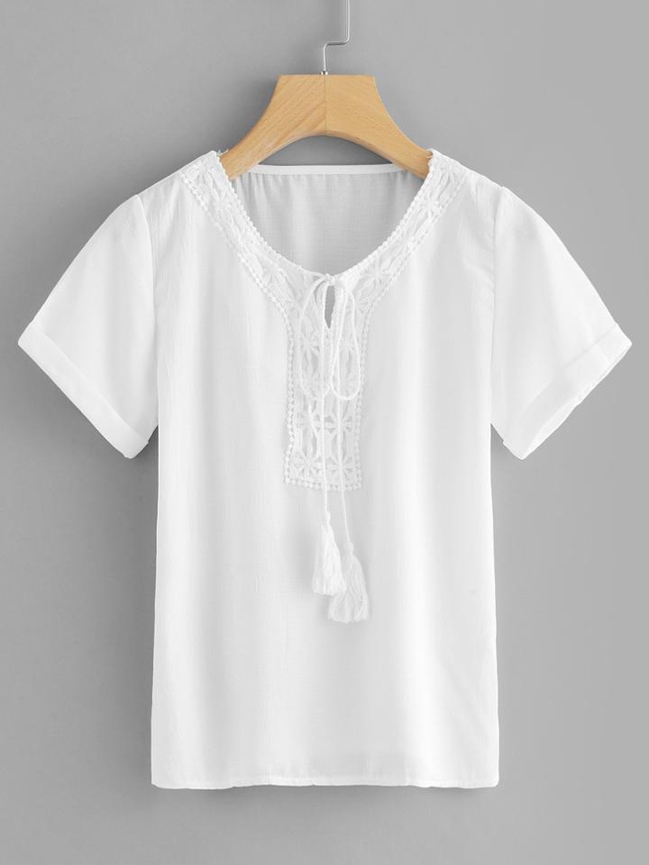 Romwe Tie Neck Cuffed Top
