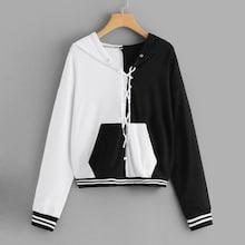 Romwe Lace Up Contrast Panel Hooded Sweatshirt