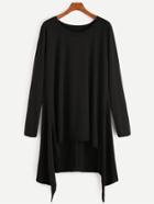Romwe Black Dip Hem Loose Long T-shirt