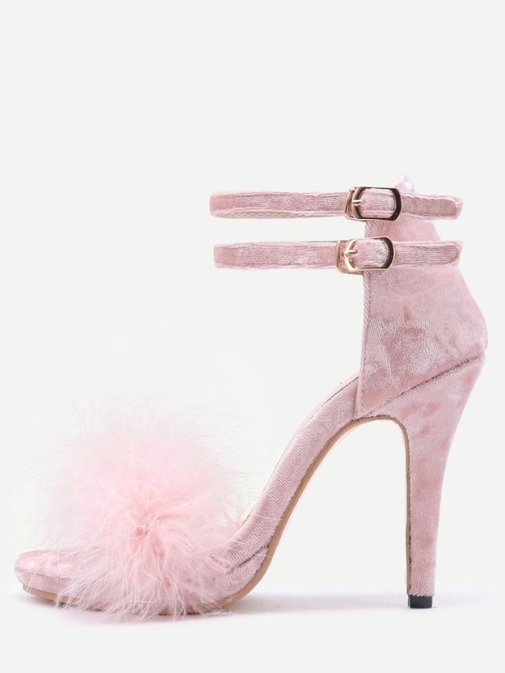 Romwe Pink Feather Embellished Ankle Strap Stiletto Velvet Sandals
