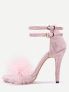 Romwe Pink Feather Embellished Ankle Strap Stiletto Velvet Sandals