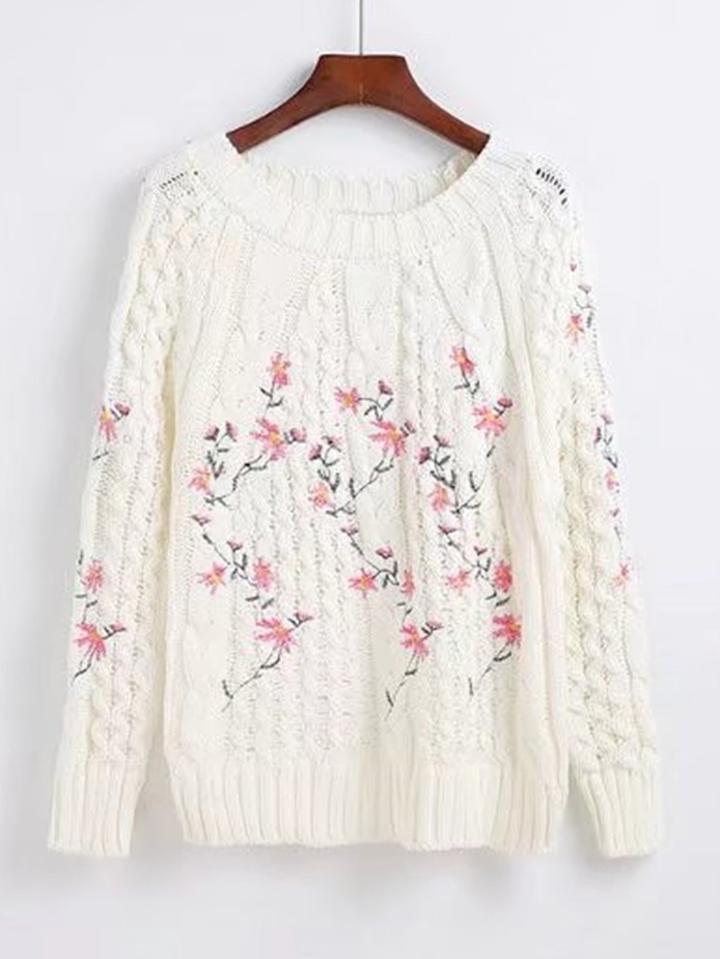 Romwe Raglan Sleeve Embroidery Sweater