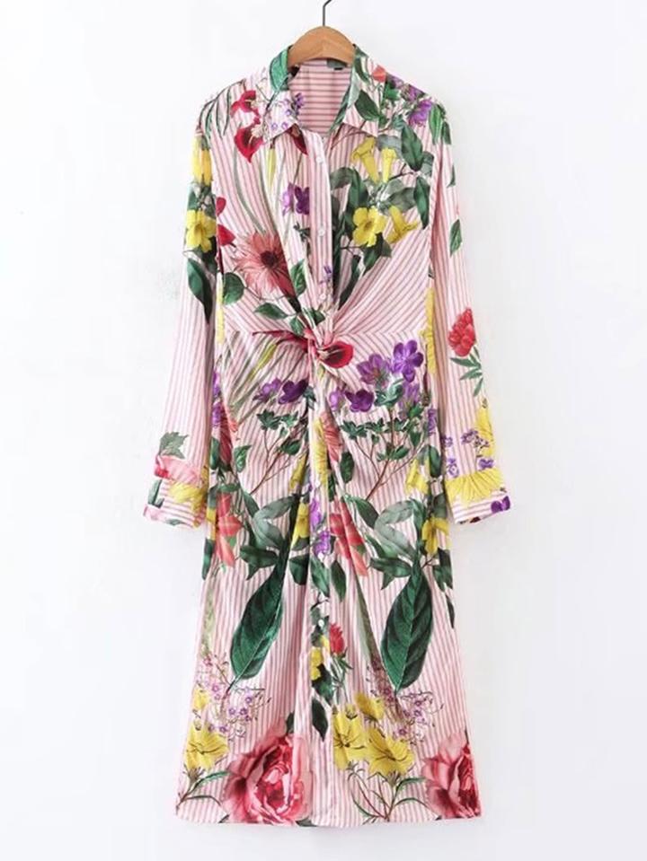 Romwe Knot Detail Flower Print Shirt Dress