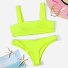 Romwe Neon Lime Square Neck Top With Cheeky Bikini