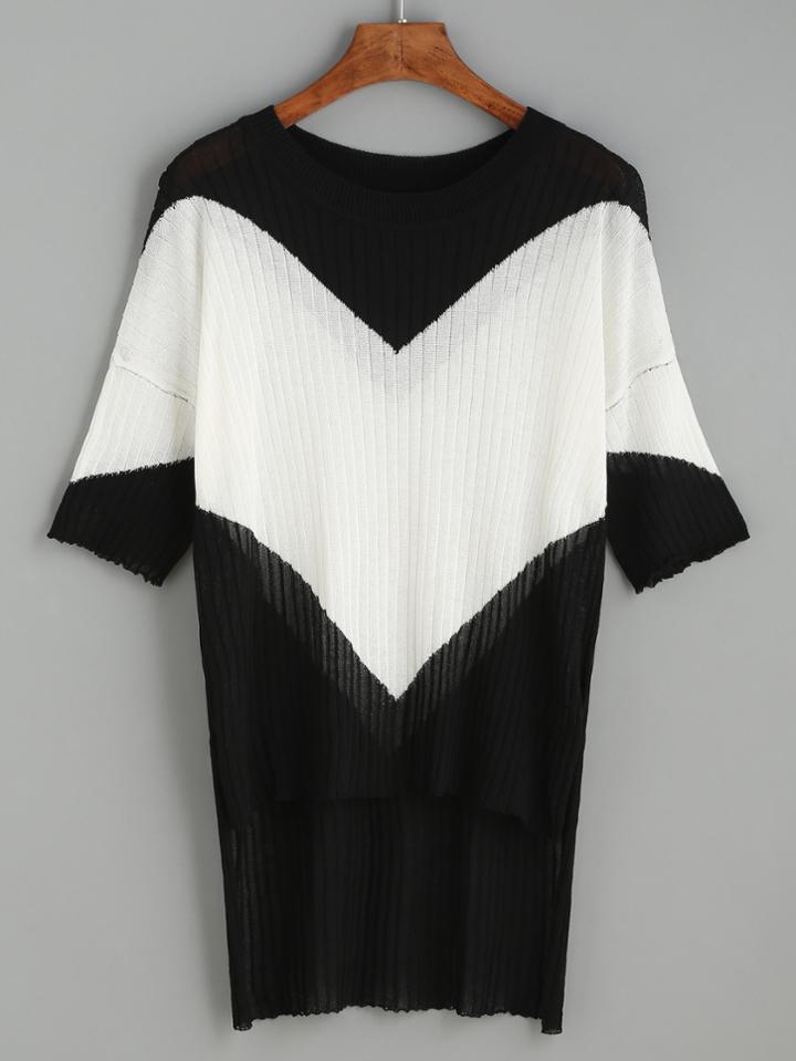 Romwe Black Contrast Panel Ribbed Knit High Low T-shirt