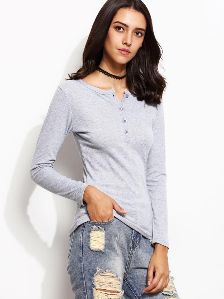 Romwe Grey Button Front Ribbed T-shirt