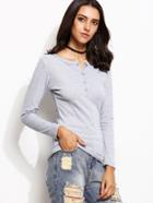 Romwe Grey Button Front Ribbed T-shirt