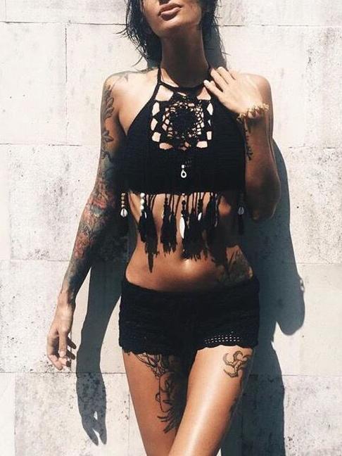 Romwe Halter Crochet Fringe Beaded Black Bikini Top