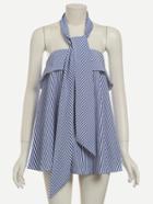 Romwe Blue Striped Fold Over Strapless Blouse With Neck Tie