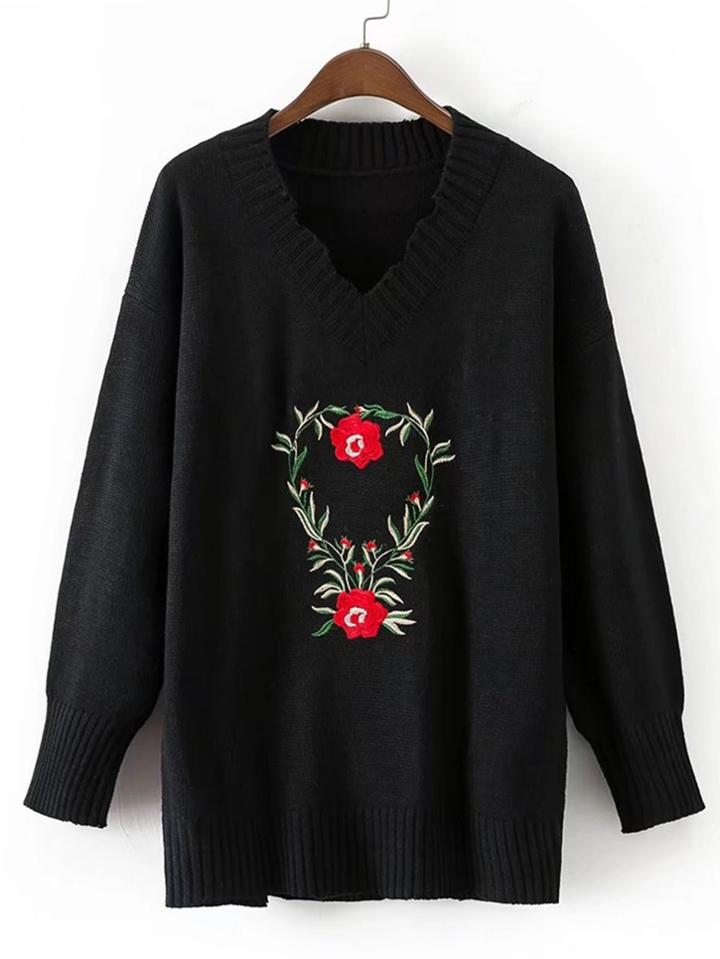 Romwe Flower Embroidery Jumper Sweater