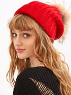Romwe Red Detachable Fur Pom Ribbed Knit Beanie