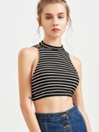 Romwe Black And White Striped Open Back Crop Halterneck Top