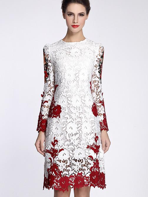 Romwe White Round Neck Long Sleeve Crochet Dress