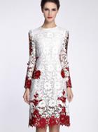 Romwe White Round Neck Long Sleeve Crochet Dress