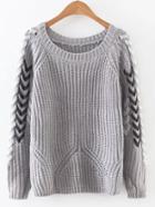 Romwe Grey Lace Up Raglan Sleeve Sweater