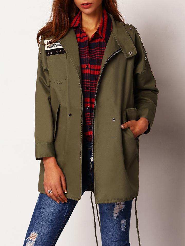 Romwe Split Side Drawstring Studded Patch Coat