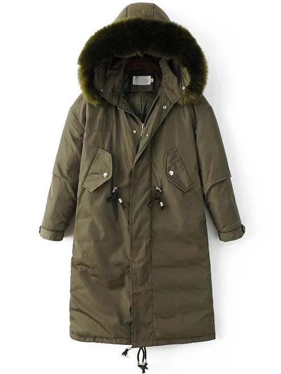 Romwe Army Green Drawstring Hooded Padded Coat With Faux Fur