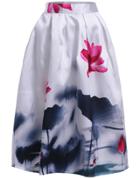 Romwe Lotus Print Flare Skirt