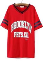 Romwe V Neck Letter Print Red T-shirt