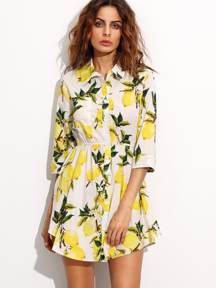 Romwe White Lemon Print Elastic Waist Shirt Dress