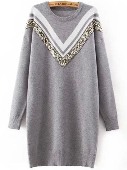 Romwe Dropped Shoulder Seam Chevron Print Sequined Grey Sweater Dress