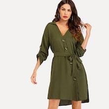 Romwe Belted Button Decoration Dress