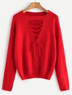 Romwe Red Cutout Lace Up Front Camel Knit Detail Sweater