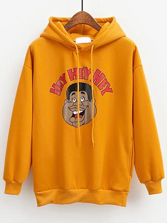 Romwe Hooded Drawstring Letter Print Yellow Sweatshirt