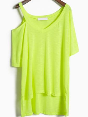 Romwe V Neck Dip Hem Neon Green T-shirt