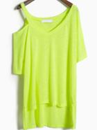 Romwe V Neck Dip Hem Neon Green T-shirt