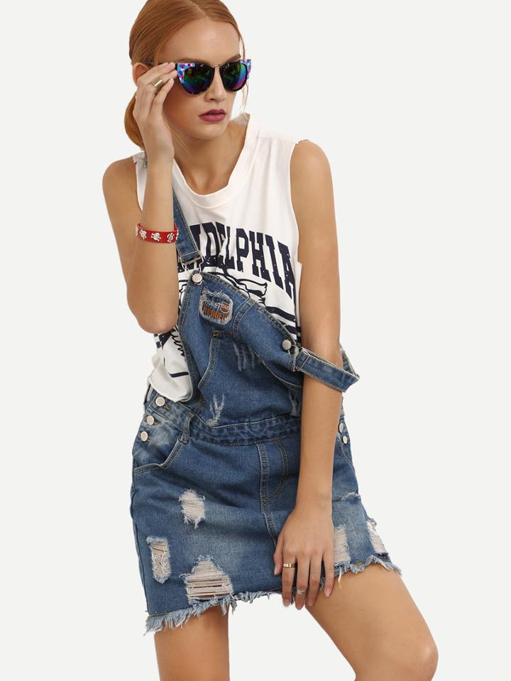 Romwe Ripped Raw Hem Blue Denim Overall Dress