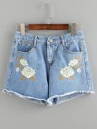 Romwe Rose Embroidered Frayed Blue Denim Shorts