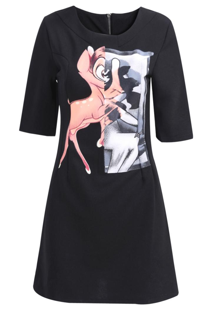 Romwe Round Neck Deer Print Shift Dress