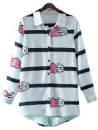 Romwe Multicolor Dip Hem Hands Print Lapel Blouse