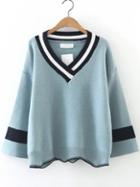 Romwe Blue Color Block V Neck Asymmetrical Sweater
