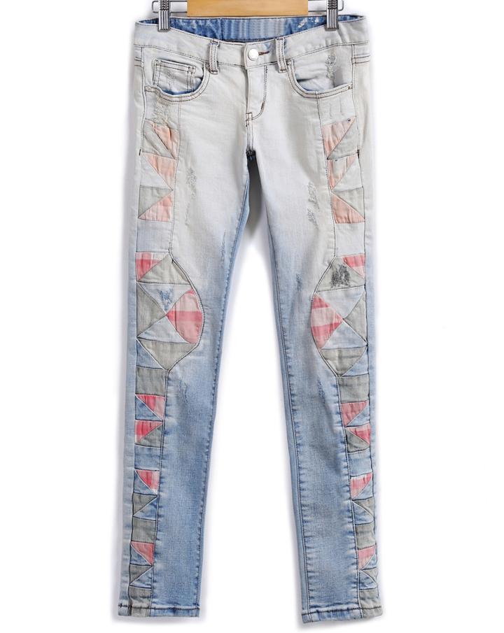 Romwe Bleached Geometric Patch Denim Pant