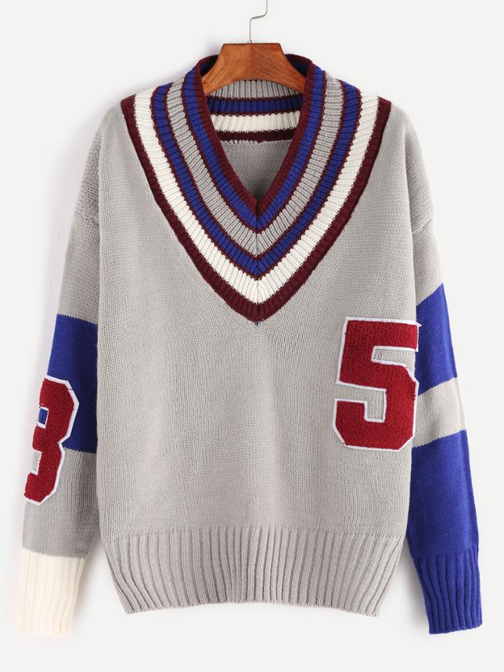 Romwe Grey Contrast Striped V Neck Number Patch Sweater