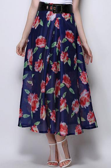 Romwe High Waist Rose Print Pleated Blue Skirt