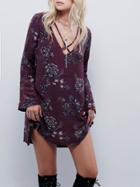 Romwe Purpe Long Sleeve V Neck Floral Dress