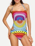 Romwe Color Panel Dot Print Cutout One-piece Swimwear