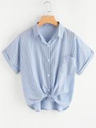 Romwe Rolled Sleeve Knotted Hem Striped Shirt