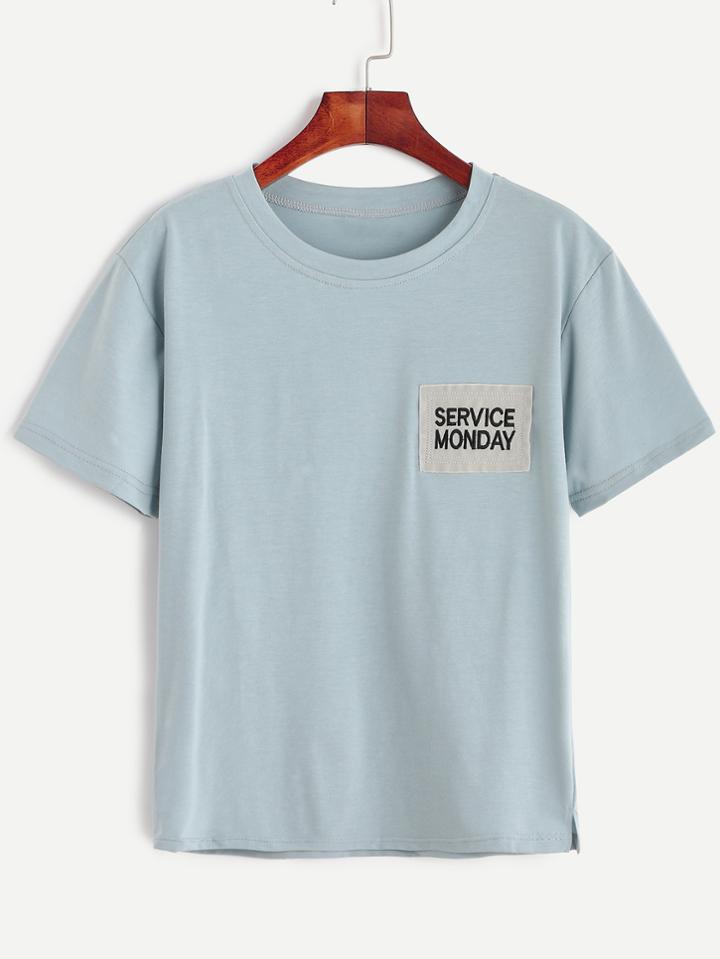 Romwe Blue Embroidered Patch Stitch Detail T-shirt