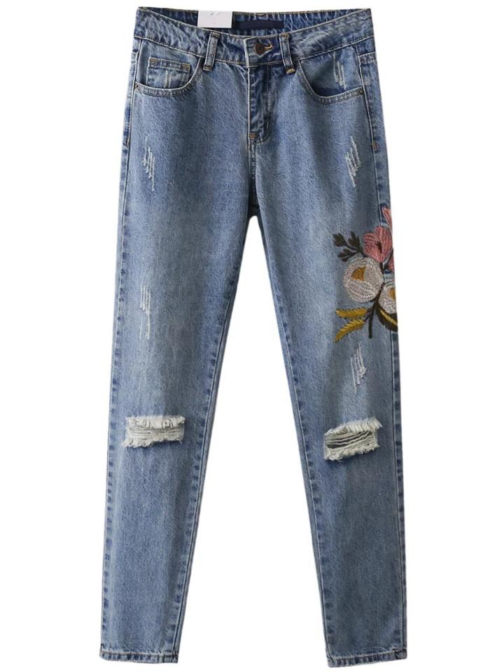 Romwe Blue Flower Embroidery Ripped Jeans