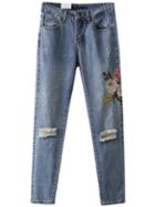 Romwe Blue Flower Embroidery Ripped Jeans