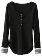 Romwe Black Contrast Cuff Button Up Curved Hem Knitwear