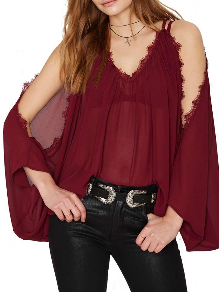 Romwe V Neck Bat Sleeve Chiffon Shirt