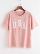 Romwe Pink Letter And Star Print T-shirt
